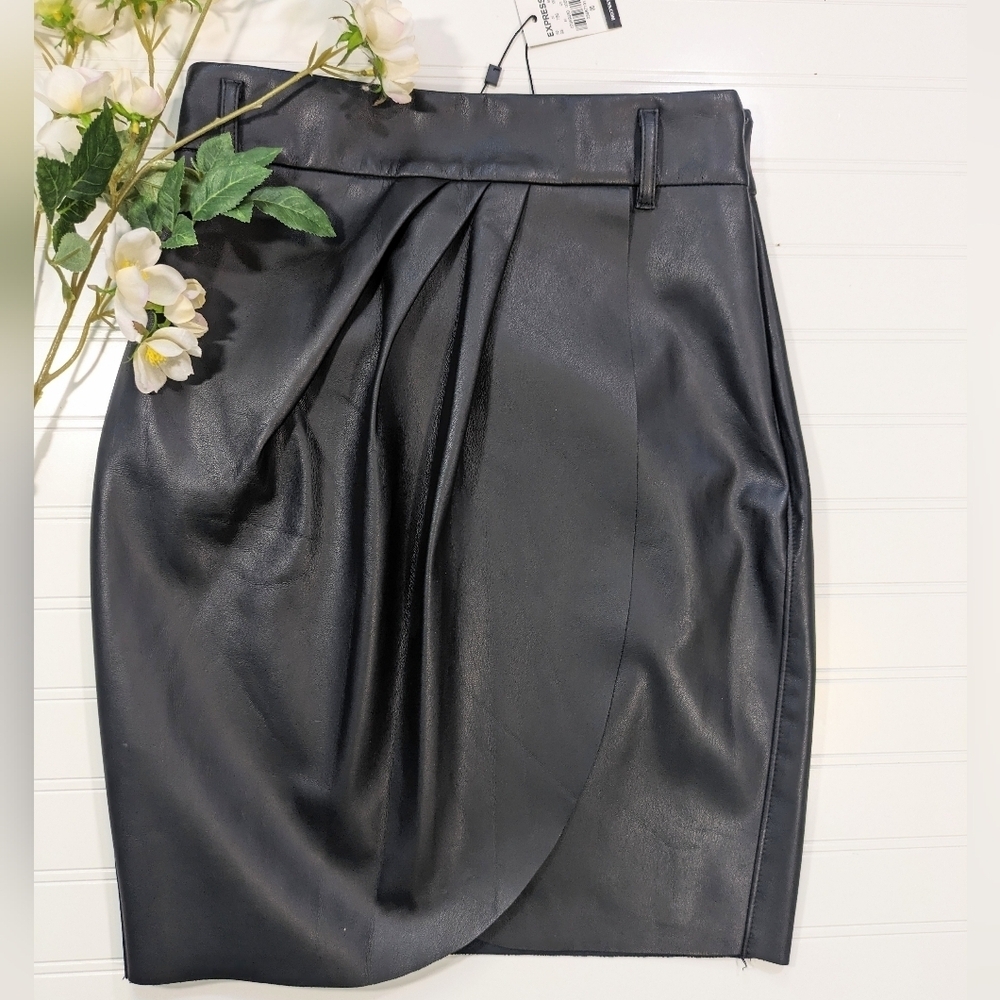 Express Black Draped Front Faux Leather Skirk NWT